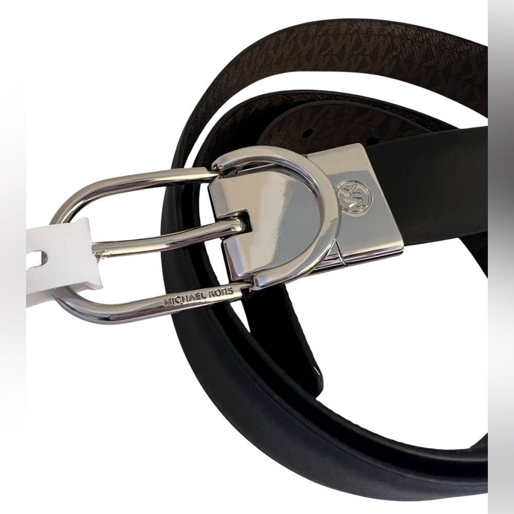 Michael Kors Leather Belt Black Brown with Silver Buckle